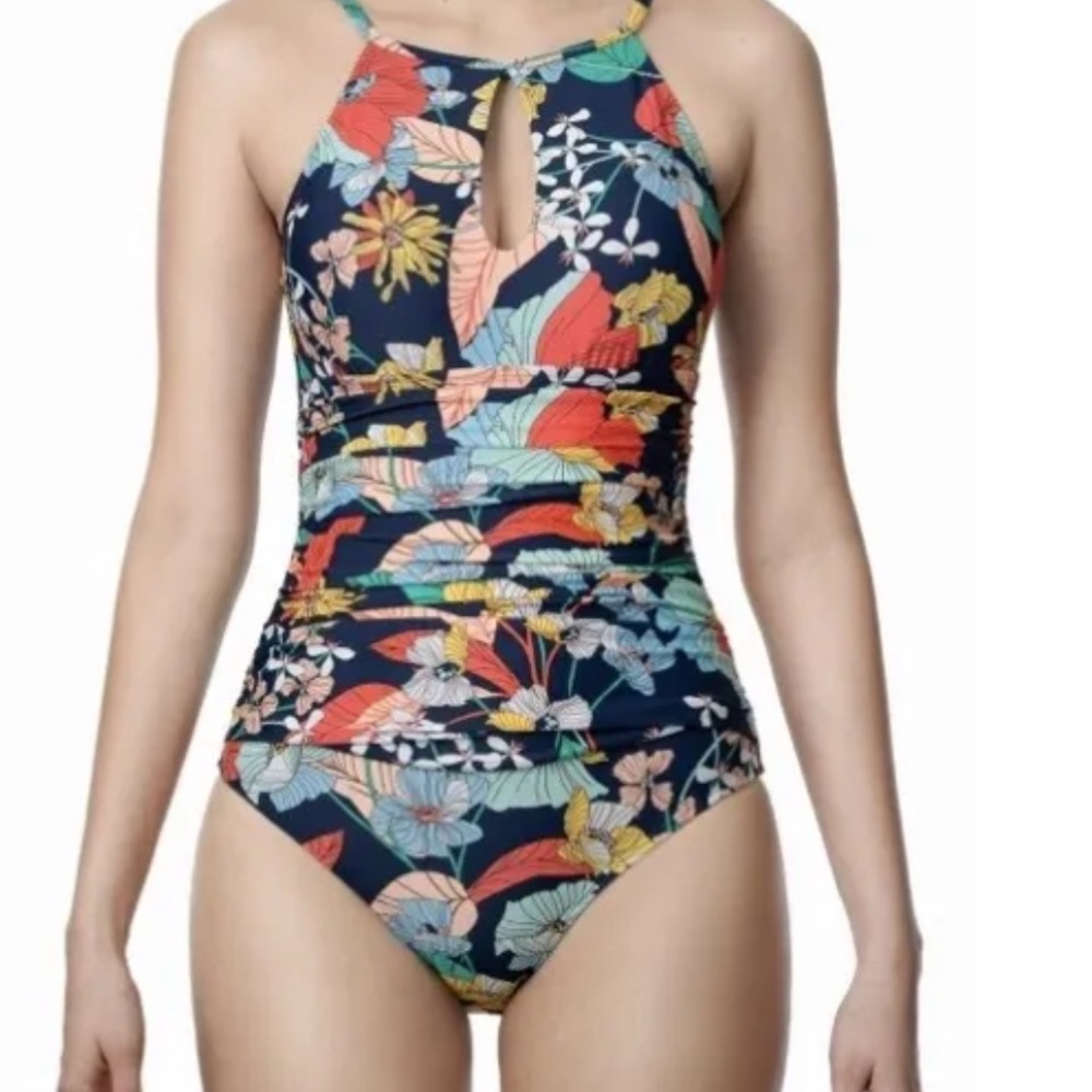 Ellen Tracey High Neck Over The Shoulder One Floral One Piece Swimsuit Sz 6 NWOT